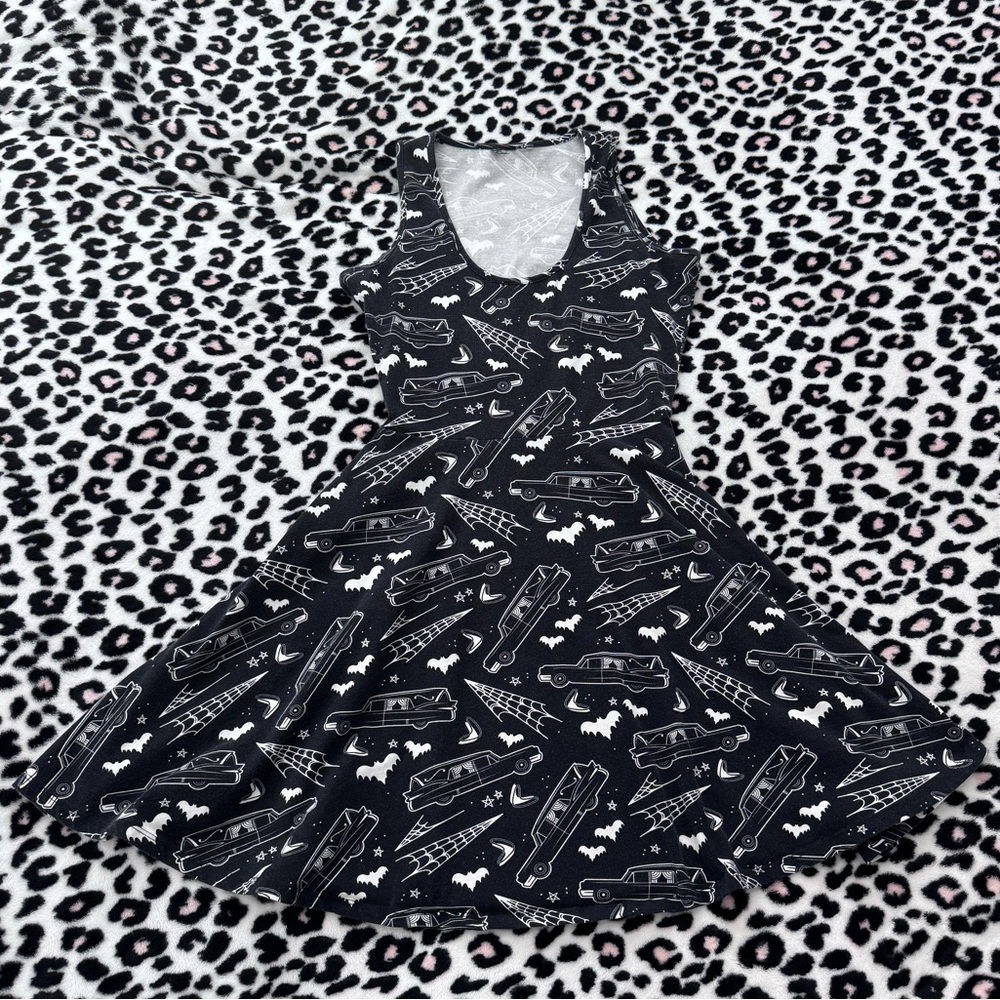 Sourpuss Black Hearse & Bat Fit-and-Flare Mini Dress